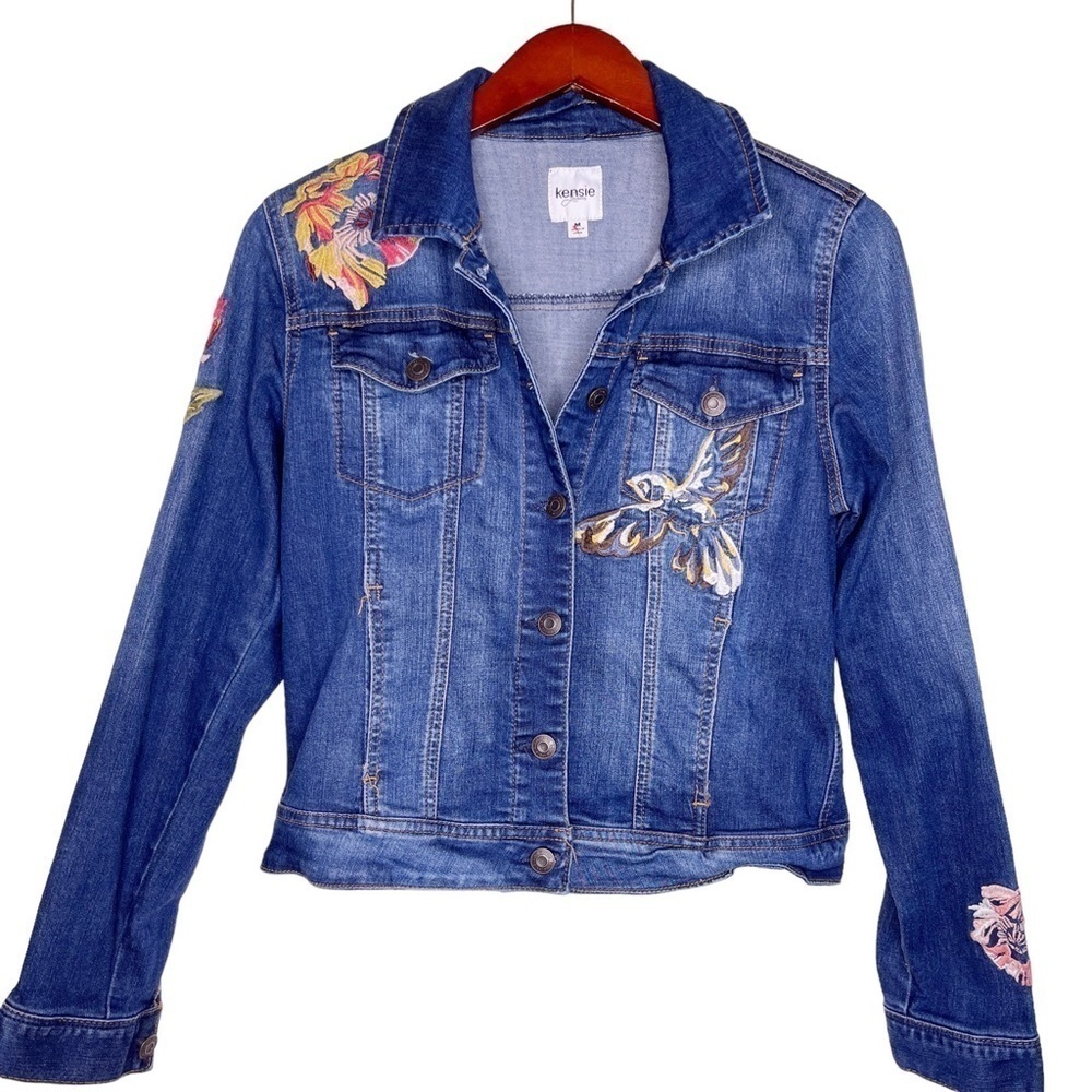 KENSIE Jeans Embroidered Denim Jean Button Front Jacket Size Medium in Blue Wash